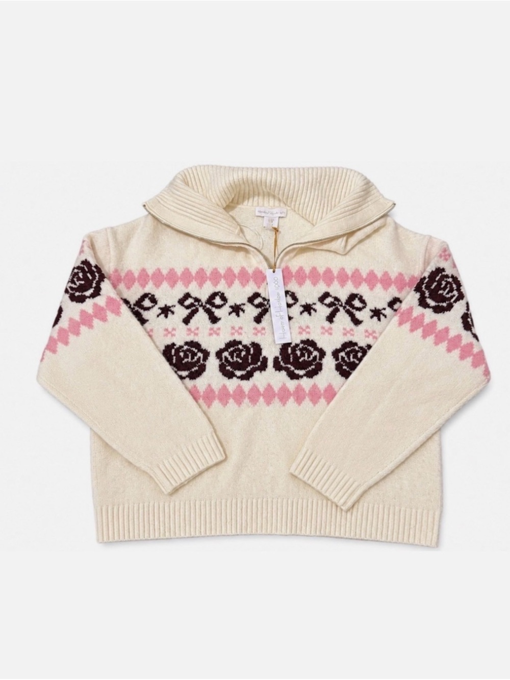 House of Harlow 1960 Cream Sweater with Pink and Dark Brown Rose Pattern